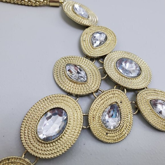 Statement Necklace Rhinestone Tear Drop Gold Tone - Picture 5 of 7